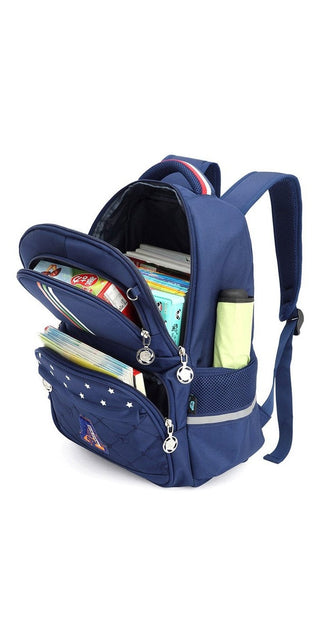 Stylish navy blue children's school backpack with multiple compartments and pockets for organized storage. Durable and comfortable design with adjustable straps. Perfect for young students to carry their school essentials.