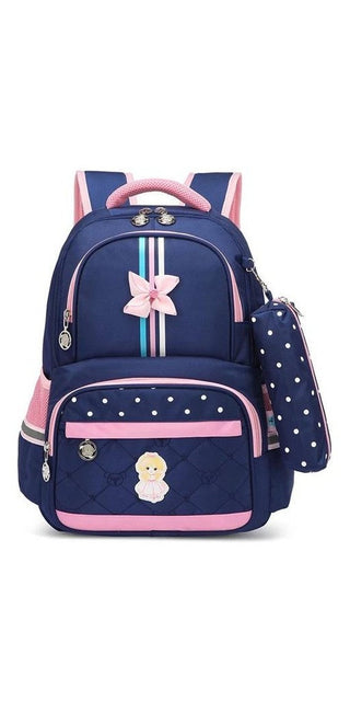 Stylish blue and pink children's school backpack with floral and polka dot accents, featuring a comfortable design and functional storage compartments for a practical and fashionable school accessory.