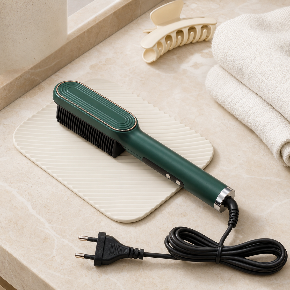 Peigne lissant chauffant vert avec câble et prise européenne