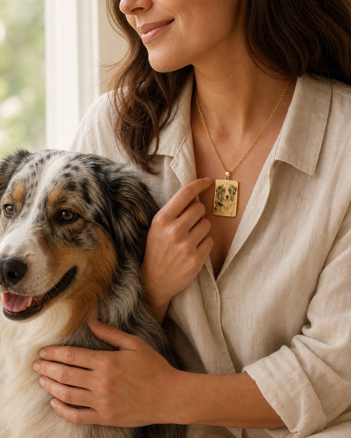 Femme portant un pendentif photo gravée de son chien K-AROLE