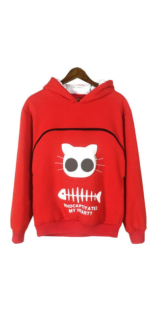 Cozy Red Hooded Sweatshirt with Cute Cat Design
This vibrant red hooded sweatshirt features a playful cat design with large eye-like shapes and a stylized whisker pattern. The garment is displayed on a wooden hanger against a plain white background, showcasing its comfortable and casual appearance.