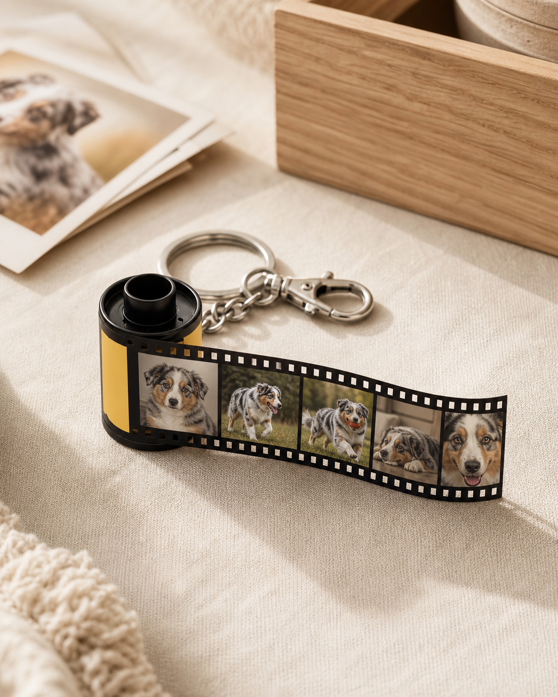 Porte-clés pellicule K-AROLE déroulant cinq souvenirs photo du même chien