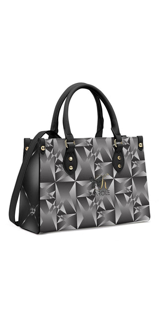 Designer K-AROLE™️ Geometric Print Tote Bag featuring a sleek black leather design with a bold geometric pattern in shades of gray, adding a stylish and modern touch to your athleisure outfits.