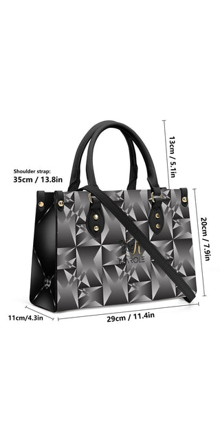 Stylish K-AROLE™️ geometric print tote bag with sleek black design and gold accents.