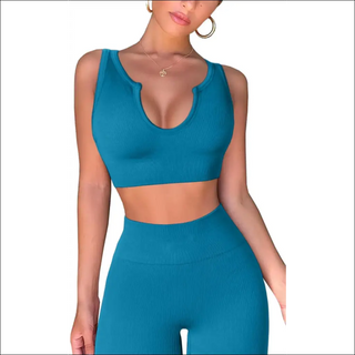 QINSEN Women'S Yoga Workout Outfits 2 Piece High Waisted Leggings with Sports Bra Gym Clothes Sets Light Blue S