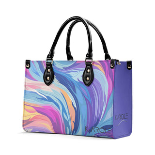 Stylish Starry Moon Handbag from K-AROLE. Vibrant, swirling colors create a mesmerizing abstract design on the spacious tote. Durable synthetic material and sturdy handles offer a sleek, fashionable accessory.