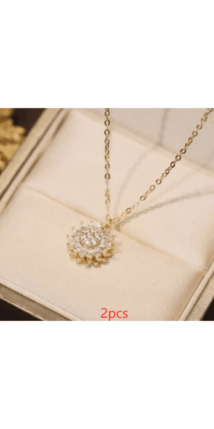 Rotatable Sunflower Necklace Full Of Diamonds - Gold / 2PCS