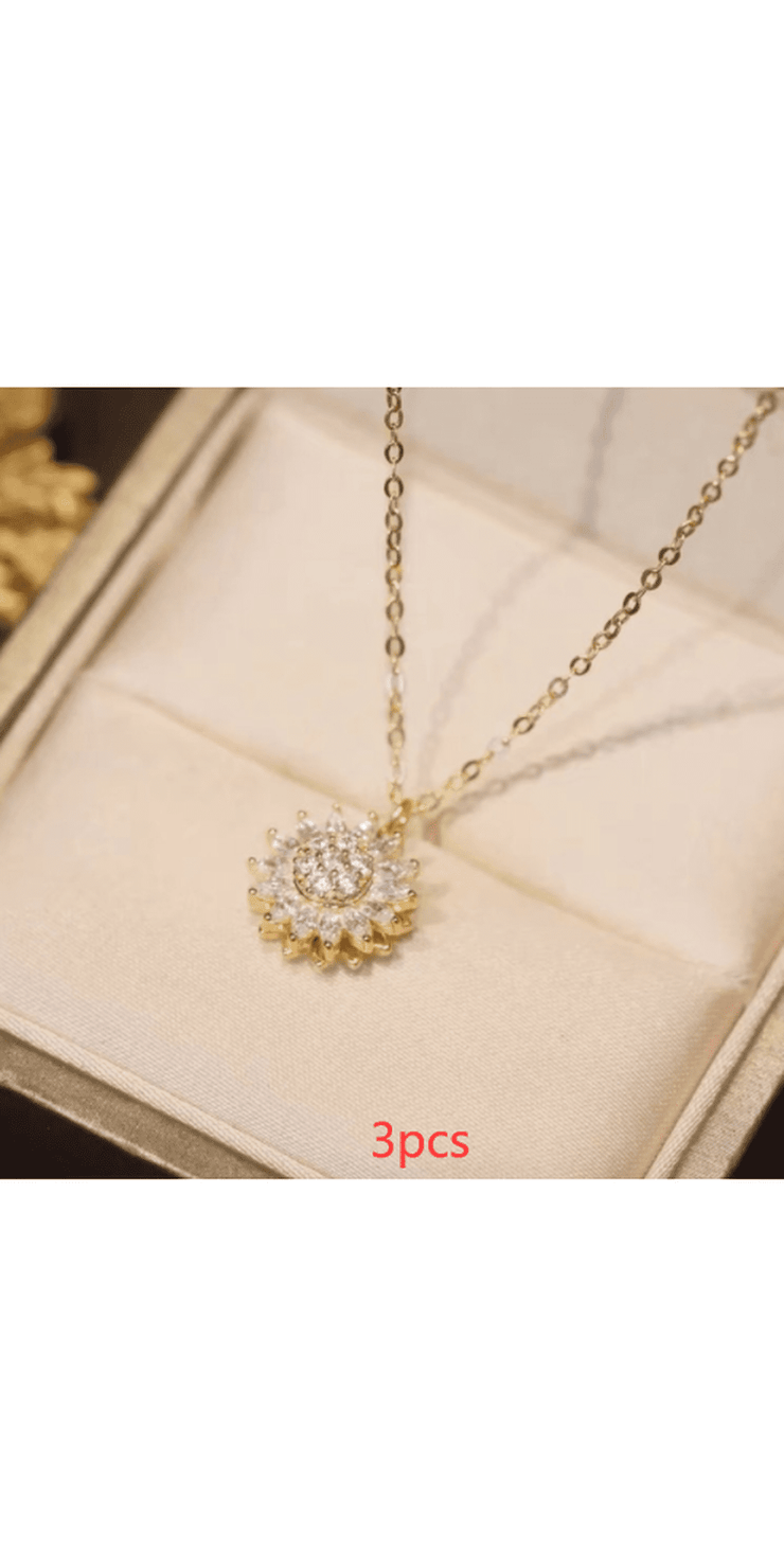Rotatable Sunflower Necklace Full Of Diamonds - Gold / 3PCS