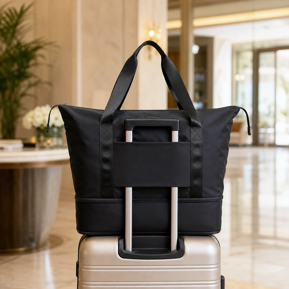 Sac de voyage pliable noir fixé sur une valise