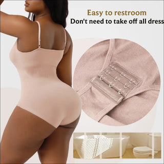 Nude-colored seamless shapewear with discreet panel design for easy restroom access, featured in a product image.