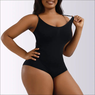 Seamless slimming black shapewear bodysuit for women, featuring waist training and butt lifting design.