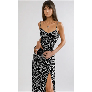 sensuel Leopard Print Slit Maxi Dress with Adjustable