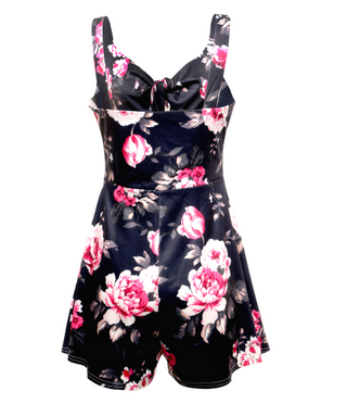 Floral printed suspenders dress with bow tie detail