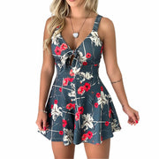 Sexy Suspenders Chest Bow Tie Printed Loose Jumpsuit - Grey