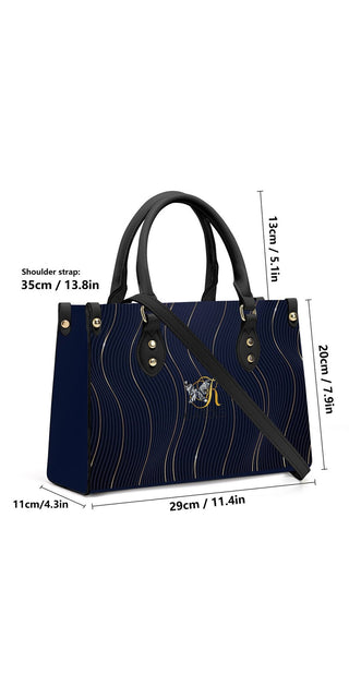 Luxury women's navy blue quilted leather tote bag with gold accents from K-AROLE.