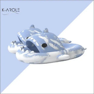 Vibrant tie-dye shark slippers, stylish and whimsical house shoes for women from K-AROLE fashion brand.