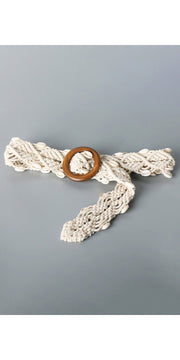 Shell Braid Belt with Wood Buckle - Ivory / One Size