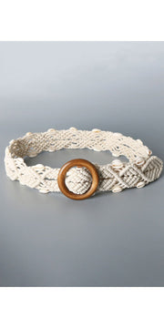 Shell Braid Belt with Wood Buckle - Ivory / One Size
