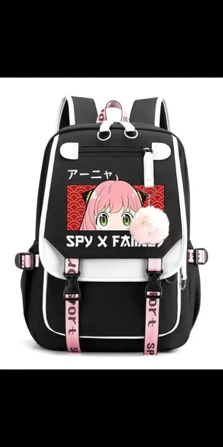 Stylish anime-inspired student backpack with bold "Spy x Family" branding, featuring a vibrant pink and black color scheme and multiple pockets for organization.