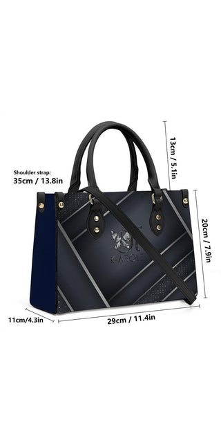 Elegant K-AROLE™️ Designer Leather Tote Bag, black structured handbag with gold hardware and textured accents.
