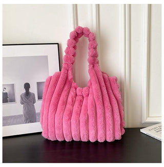 Soft and Stylish: Plush Pink Pom-Pom Tote Bag for Fashionable Winter Style