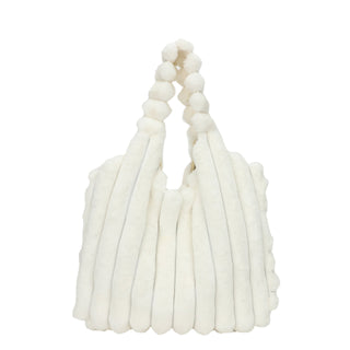 Soft and Cozy White Faux Fur Handbag - Elegant winter accessory with plush striped design.