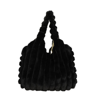 Chic black plush handbag with textured details, perfect for elevating winter style