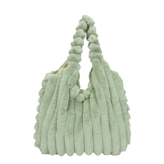 Cozy and stylish striped plush hobo bag in a soft mint green color, perfect for elevating winter fashion.