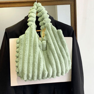 Plush Mint Green Tote Bag with Textured Pom-Pom Design