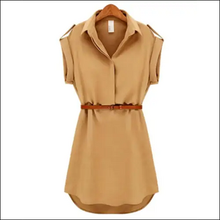 Stunning Belted Chiffon Mini Dress for Women - Khaki / L