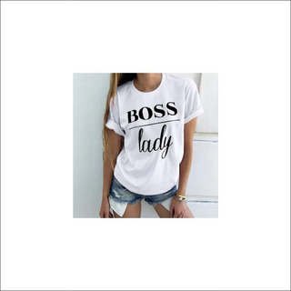 Stylish white t-shirt with "BOSS lady" text, casual denim shorts, and a wrist accessory, showcasing a trendy summer casual outfit.