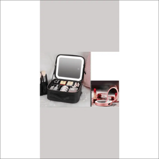 Stylish LED makeup case with mirror, ample storage, and portable design for organized travel cosmetics.