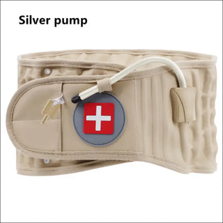 Silver pump - Lumbar support belt with decompression feature and Swiss cross emblem for back pain relief. The beige, padded belt is designed to provide lumbar traction and support for those suffering from lumbar disc herniation or other back issues.