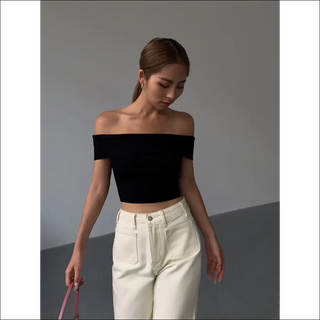 Stylish Off-Shoulder White Ribbed Knit Crop Top - Black / L