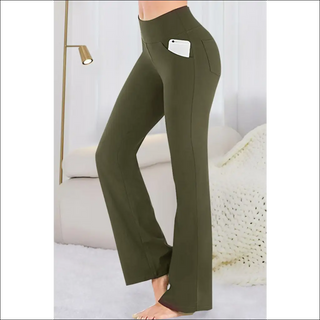 Stylish olive green flared yoga pants with pockets on modern woman's figure.