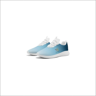 Modern white and blue lace-up sneakers with a stylized graphic on the side. Casual, comfortable women's running shoes from the popcustoms brand, showcased against a plain white background.