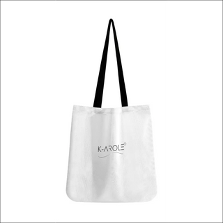 Stylish white tote bag with black strap and K-AROLE logo, showcasing a modern and minimalist design suitable for versatile use.