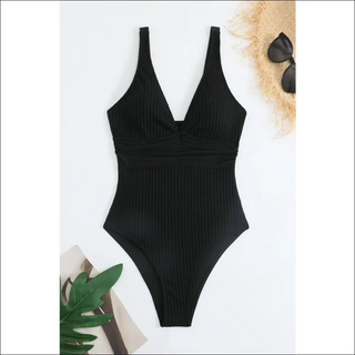 Black ribbed one-piece swimsuit with wide straps and plunging neckline