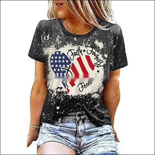 Vibrant graphic print women's casual t-shirt with American flag design and distressed details, showcasing trendy fashion style.