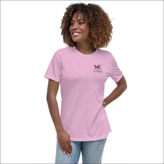 Relaxed women's t-shirt with butterfly logo from K-AROLE fashion brand, featuring a smiling woman with curly hair against a white background.