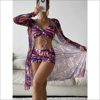 Trendy Tropical Floral Print Swimsuit with Chiffon Cover-Up