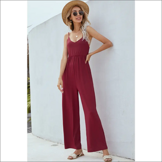 Trendy Wide Leg Burgundy Jumpsuit - S - Leggings