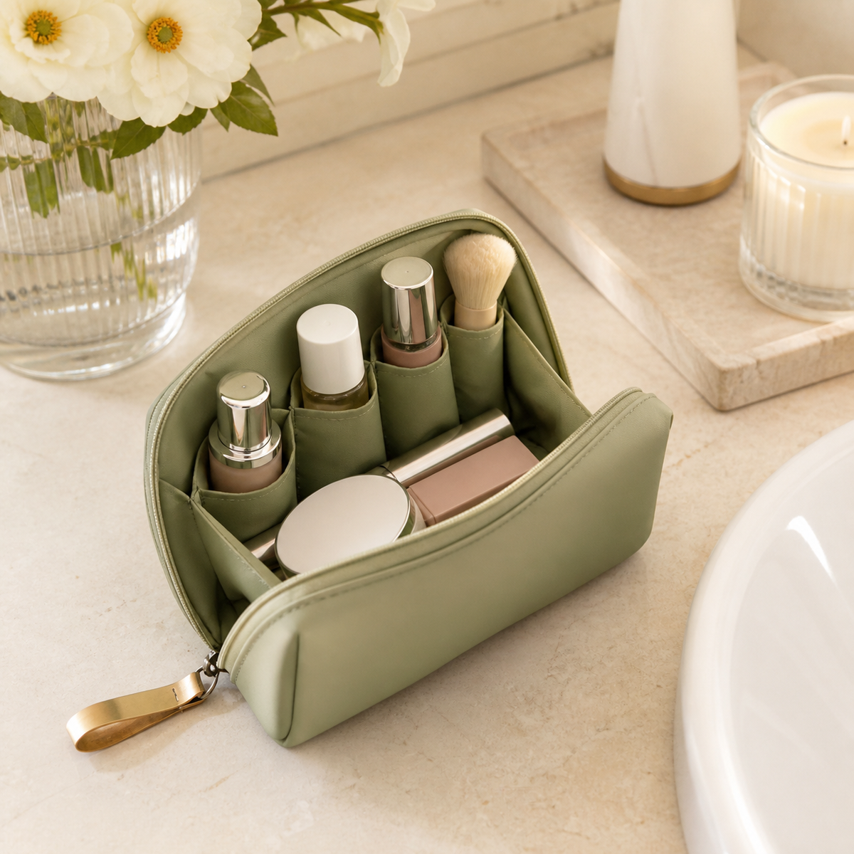 Trousse de maquillage verte ouverte avec poches élastiques intérieures