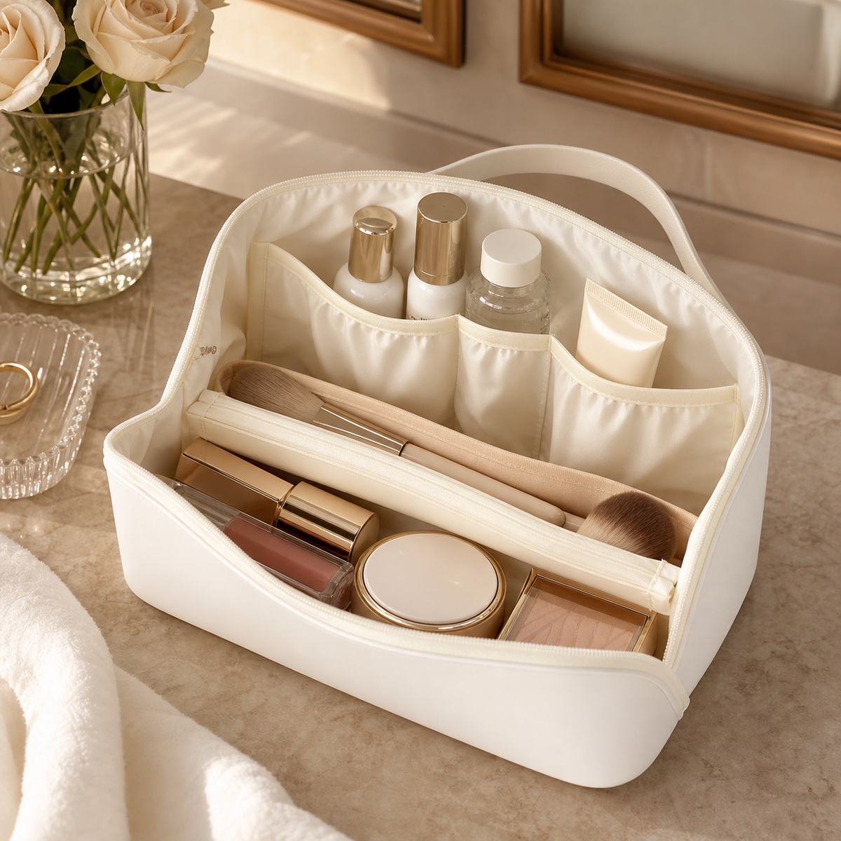 Trousse de toilette de voyage blanche ouverte avec compartiments organisés