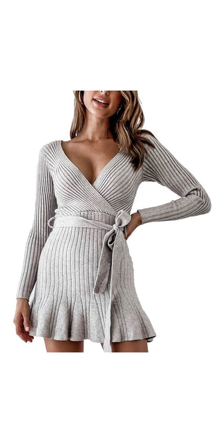 Elegant grey knit dress with a wrap-around design, showcasing a flattering V-neckline and a flared hemline for a chic, feminine look.