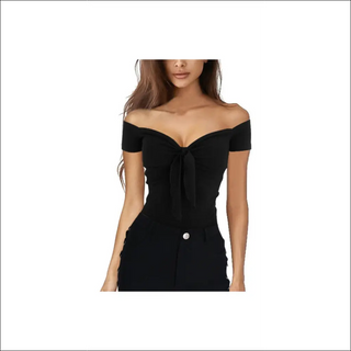 Black off-the-shoulder top with a plunging neckline and a tied knot detail at the center.