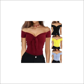 Stylish off-the-shoulder tops in various colors, featuring a bow detail and a form-fitting silhouette.