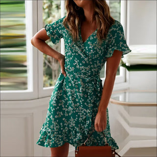 Vibrant Floral Print Summer Sundress - green / S - dress