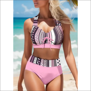 Stylish patterned bikini with high-waisted bottoms, ideal for modern beach fashion.