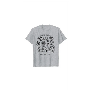 Casual women's t-shirt with a nature-inspired graphic design depicting various plants and the text "Plant These Save The Bees".